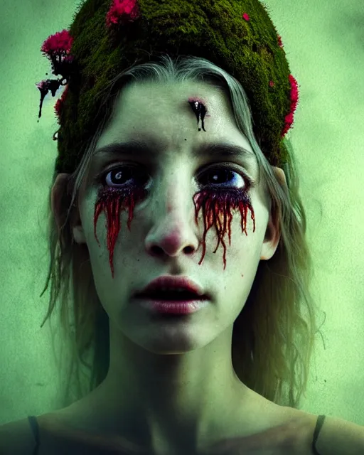 Image similar to a disturbing digital horror arthouse photograph of a beautiful crying woman with flowers moss and fungus growing out of her head and petals dripping from her eyes, intricate, sharp focus, cinematography, highly detailed, octane render, digital horror artwork, matte, photography by professional photographer