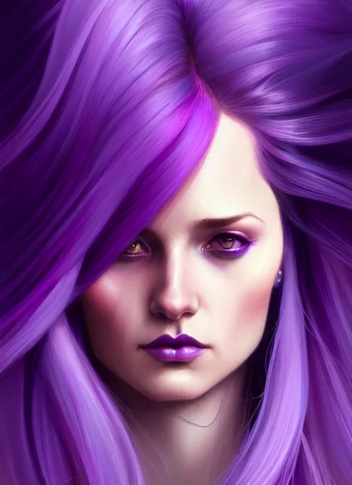 Image similar to Purple hair relistic Portrait of a woman with bright colored flying hair, all shades of purple. Hair coloring, long hair, fantasy, intricate, elegant, highly detailed, digital painting, artstation, concept art, smooth, sharp focus, illustration, art by artgerm and greg rutkowski and alphonse mucha