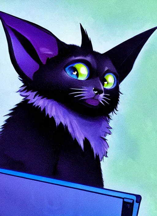 Image similar to a blue - and - black male catbat fursona with blue / green heterochromatic eyes ( differently - colored eyes, one eye green, one eye blue ) and huge bat ears, photo of the catbat streaming on his computer