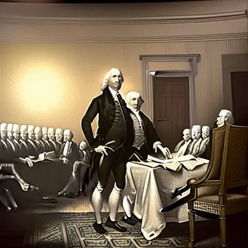 Image similar to “ unreal engine 5 render of a founding father with the declaration of independence with lasers coming out of the clouds, digital art ”