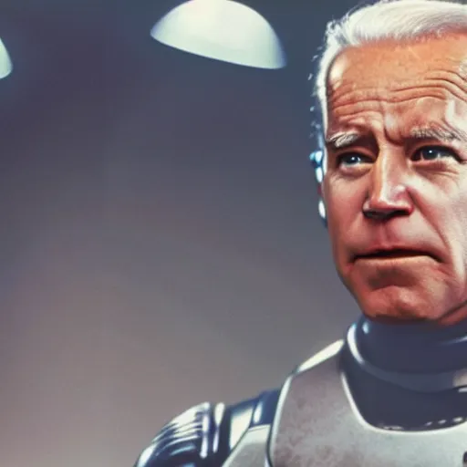 Prompt: color film still of Joe Biden as robocop in movie robocop 1987, crime fighting, photorealistic, 8k, XF IQ4, 150MP, 50mm, F1.4, ISO 200, 1/160s, natural light