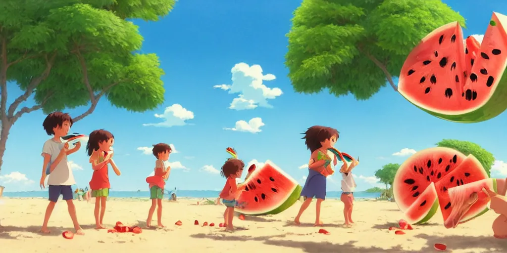 Prompt: a wholesome animation key shot of kids eating watermelon and popcorn at a tropical beach, medium shot, waist up, studio Ghibli, Pixar and Disney animation, sharp, very detailed, high resolution, Rendered in Unreal Engine 5, anime key art by Greg Rutkowski, Bloom, dramatic lighting