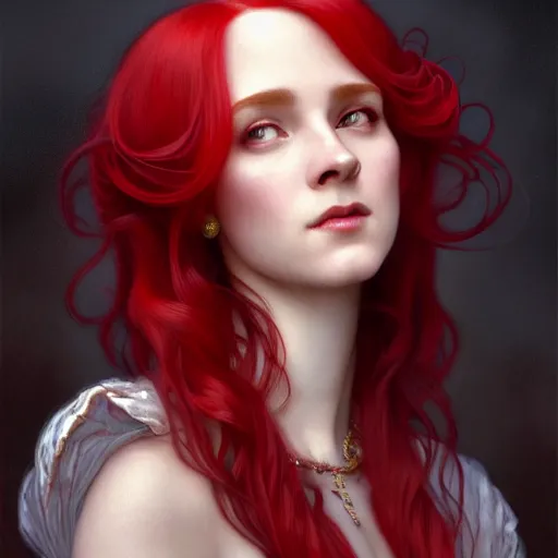 Image similar to long fancy red hair aristocrat, portrait, gentle, solemn face, cloth, female, city background, d & d, fantasy, intricate, elegant, digital painting, red green color palette, artstation, octane render, concept art, matte, sharp focus, illustration, herrarthstone, art by artgerm and greg rutkowski and alphonse mucha