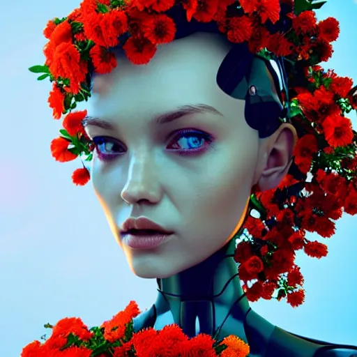 Prompt: futurustic female robot made of the most beautiful flowers , bouquets, fisheye lens, unreal 5, DAZ, hyperrealistic, octane render, dynamic lighting
