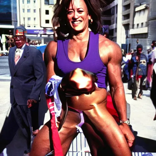 Image similar to Kamala Harris on steroids, 1990s street performer