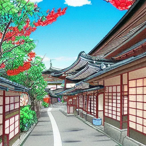 Prompt: beautiful anime background of japanese traditional town at day, aesthetic beautiful drawing