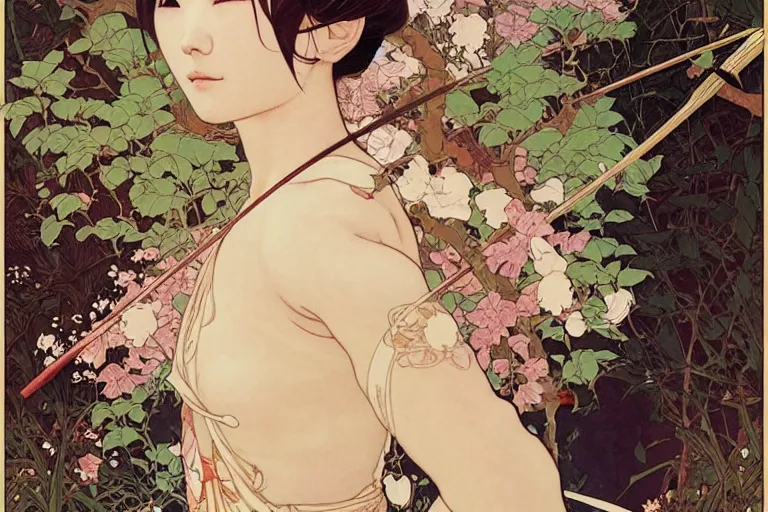 Image similar to beautiful cinematic fantasy poster, asian woman with 2 left arms side view using a bokken in forest ; intricate complexity, by shigenori soejima, krenz cushart, alphonse mucha, takato yamamoto, conrad roset, 4 k, beautiful, high quality - h 9 6 0