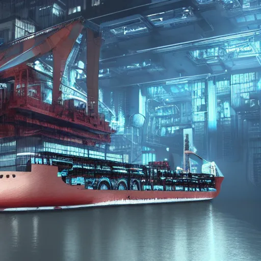 Image similar to photo of Immense industrial futuristic cargo ship arrives at cyber punk city sea port, cinematic lighting, photo