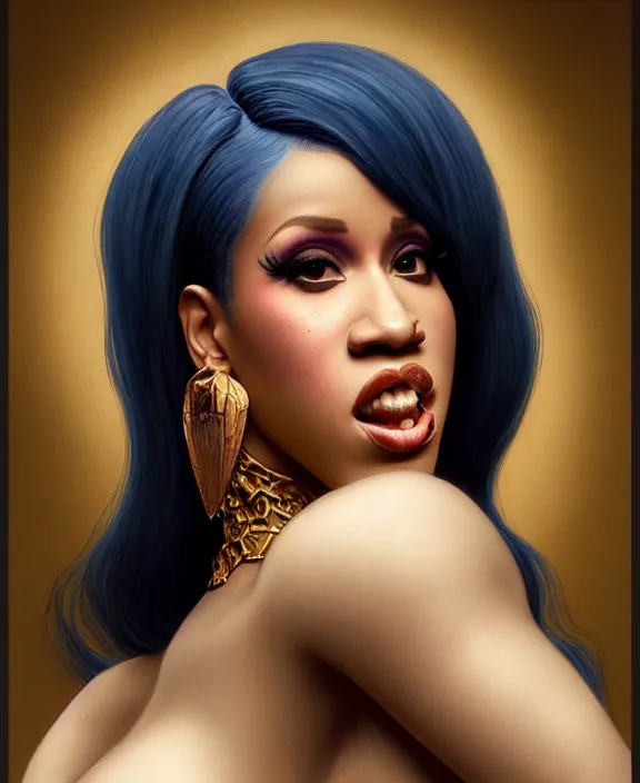 Image similar to cardi b as a character in diablo, mottled coloring, adorable, childlike, pastoral environment, ultra realistic, concept art, art nouveau, photorealistic, octane render, 8 k, unreal engine. art by christopher marley and artgerm and greg rutkowski and alphonse mucha