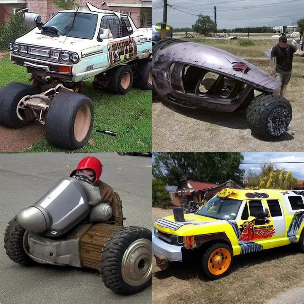 Prompt: extreme shitty car mods, redneck engineering, car steamroller truck motorcycle hybrid weird decals mechanic was shocked