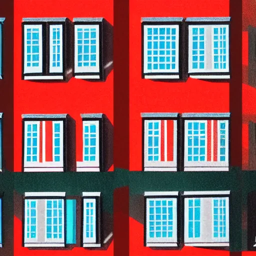 Prompt: urban landscape. red buildings, chimneys, Magritte style