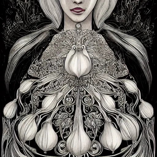 Image similar to the face of an incredibly beautiful, graceful, elegant, and well - endowed young woman dressed as a bulb of garlic, an ultrafine detailed illustration by james jean, intricate linework, bright colors, final fantasy, behance contest winner, vanitas, angular, altermodern, unreal engine 5 highly rendered, global illumination, radiant light, detailed and intricate environment