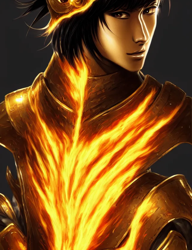 Image similar to a detailed manga portrait of a black haired man with hazel eyes in gleaming golden armour that burns with golden fire, trending on artstation, digital art, 4 k resolution, detailed, high quality, sharp focus, hq artwork, coherent, insane detail, character portrait