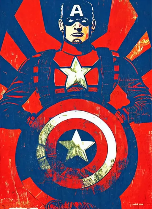 Prompt: Chris Evans Captain America Soviet Propaganda poster by Shepard Fairey, constructivist art, Organic Painting , Matte Painting, geometric shapes, collage, hard edges, graffiti, street art:2 by Shepard Fairey:4