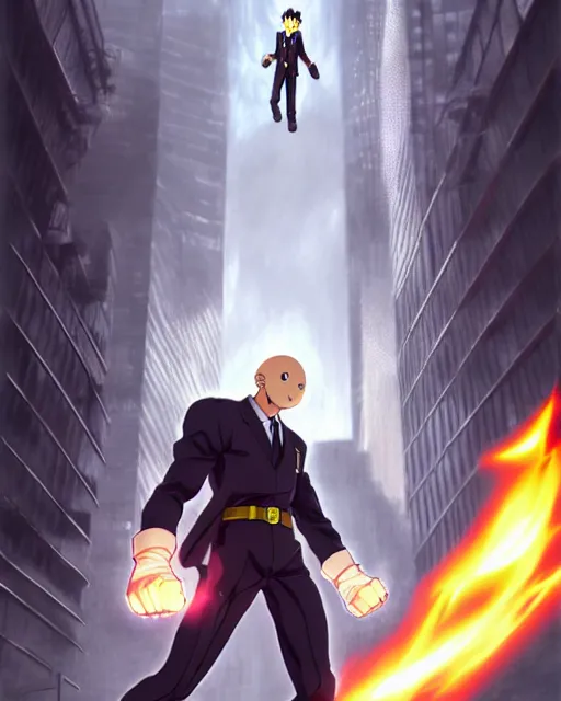 Image similar to gigachad luigi charging ultimate attack like saitama wearing a suit in the city, fantasy character portrait, ultra realistic, anime key visual, concept art, intricate details, highly detailed by yusuke murata, greg rutkowski, ilya kuvshinov, gaston bussiere, craig mullins, simon bisley