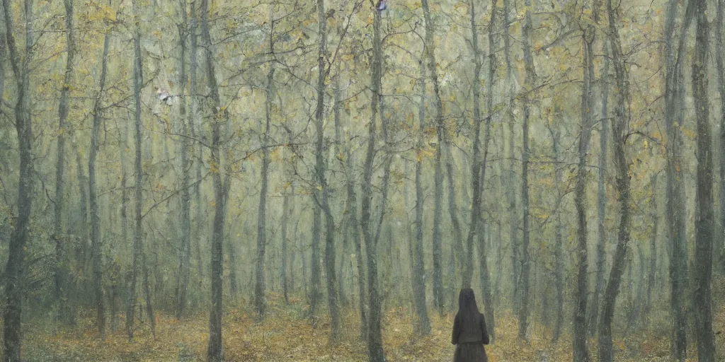 Image similar to a girl in an autumn forest, yellow and green tones, by Aron Wiesenfeld, wolf, cinematic, detailed illustration, nature, fog, dark colors, suspense, intricate, 8k
