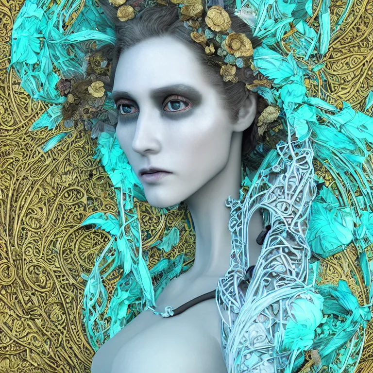 Prompt: cinema 4d colorful render, organic, ultra detailed, of a beautiful dark porcelain old woman face, translucid. biomechanical cyborg, analog, macro lens, beautiful natural soft rim light, big leaves and stems, roots, fine foliage lace, turquoise gold details, greg rutkowsk style, high fashion haute couture, art nouveau fashion embroidered, intricate details, mesh wire, mandelbrot fractal, anatomical, facial muscles, cable wires, elegant, hyper realistic, in front of dark flower pattern wallpaper, ultra detailed, 8k post-production