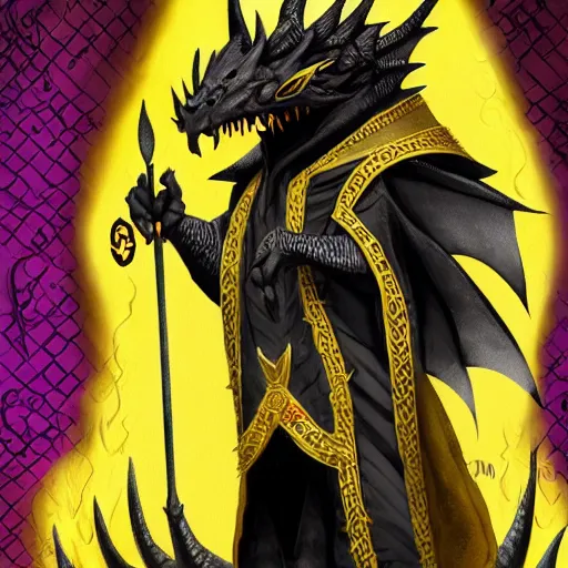 Prompt: Black anthropomorphic dragon wearing yellow hooded ornate robes. Black background. D&D fantasy art.