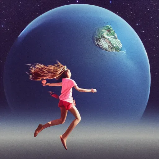 Prompt: a girl run away from a blue planet