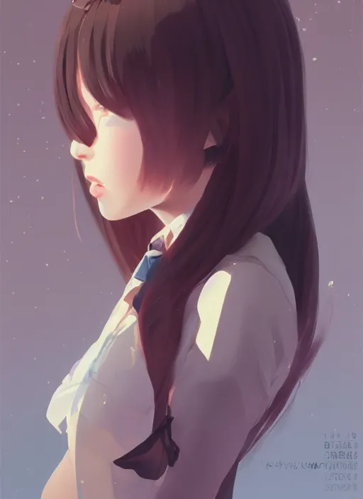 Prompt: gorgeous feminine Japanese schoolgirl, elaborate polished, trending on ArtStation, by Ilya Kuvshinov, Krenz, Cushart, sublime-classy-dignified ambience, 16k, sharp focus, volumetric lighting