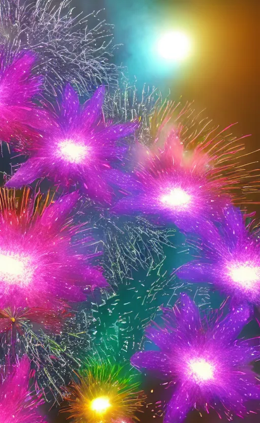 Image similar to flowers as fireworks 3d octane render, vaporwave