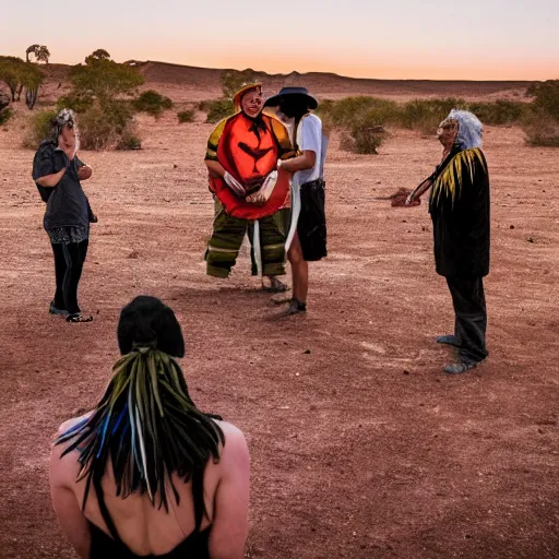 Image similar to photograph of three ravers, two men, one woman, woman is in a trenchcoat, blessing the soil at night, seen from behind, talking around a fire, two aboriginal elders, dancefloor kismet, diverse costumes, clean composition, desert transition area, bonfire, starry night, australian desert, xf iq 4, symmetry, sony a 7 r