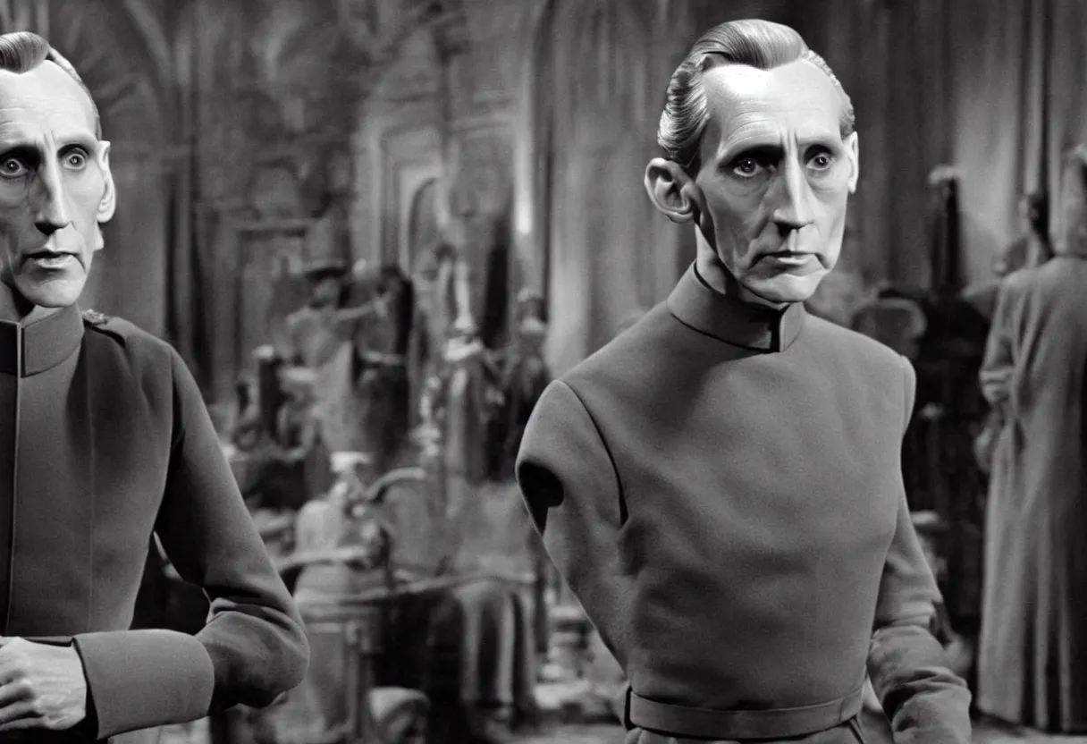 Image similar to still from the Disney plus show Tarkin! based around governor Tarkin’s pre-Empire life as a fading theatre star on Alderraan’s Broadway in the 1960s