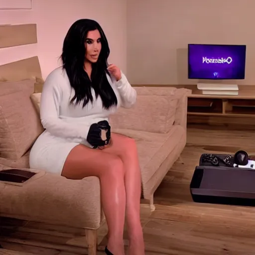 Image similar to live still of kim kardashian as a twitch streamer, gaming room,