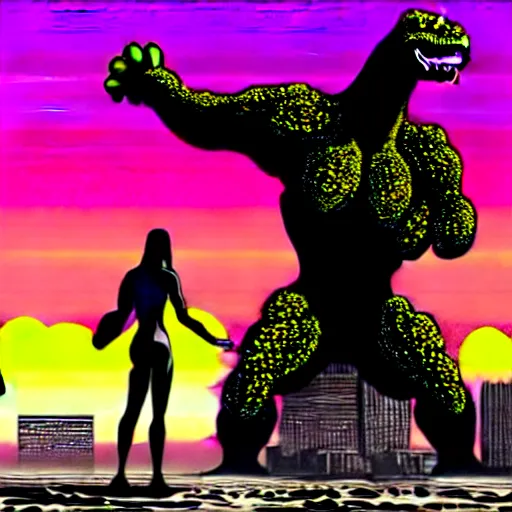 Image similar to adam and eve versus godzilla, gta vice city art style, smooth painting, each individual seeds have ultra high detailed, 4 k, illustration, torn cosmo magazine style, concept art, pop art style, ultra realistic, underrated, by yoji shinkawa, ayami kojima, tetsuya nomura, bob rafei h - 7 6 8