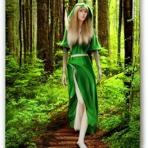 Prompt: a realistic portrait of a realistic female elf with a long withe and light green dress walking in the woods , perfect and hyperrealistic ultra detailed face, by WLOP