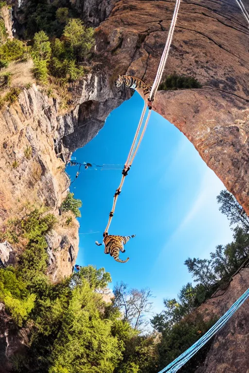 Image similar to bungee jump of a tiger suspended by a large parachute jumping from a mountain cliff, wide angles lens