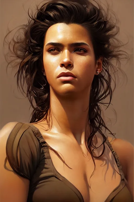 Prompt: photorealistic portrait of a young butch solarpunk cuban woman, handsome, female, masculine, upper body, fantasy, fierce, sharp features, intricate, elegant, highly detailed, digital painting, artstation, concept art, matte, sharp focus, illustration, art by artgerm and greg rutkowski and alphonse mucha