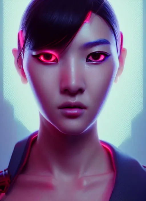 Prompt: photorealistic portrait of oriental female humanoid with freckle cheeks, cyber neon lightings, wide angle, highly detailed, cyberpunk high fashion, elegant, crispy quality, trending in artstation, trending in pinterest, glamor pose, no signature, no watermark, cinematic, octane render, art by artgerm, art by greg rutkowski, art by pascal blanche