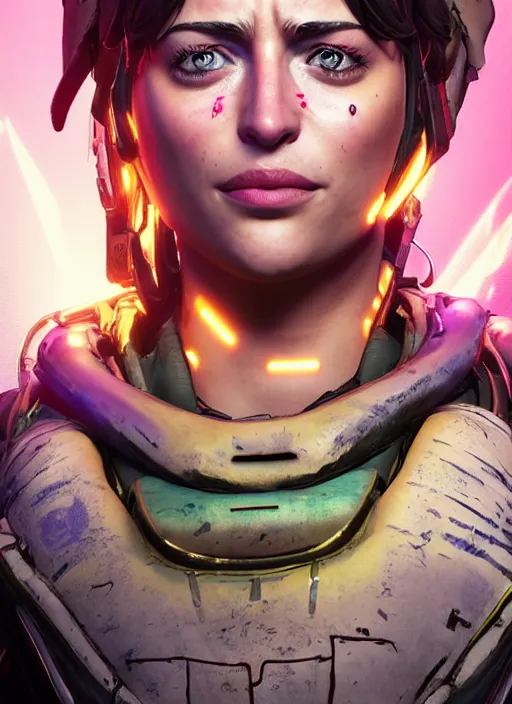 Image similar to glowwave portrait of dakota johnson from borderlands 3, au naturel, hyper detailed, digital art, trending in artstation, cinematic lighting, studio quality, smooth render, unreal engine 5 rendered, octane rendered, art style by klimt and nixeu and ian sprigger and wlop and krenz cushart.