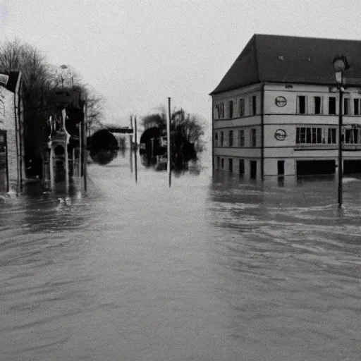 Image similar to old and degraded VHS footage of a small german town being flooded