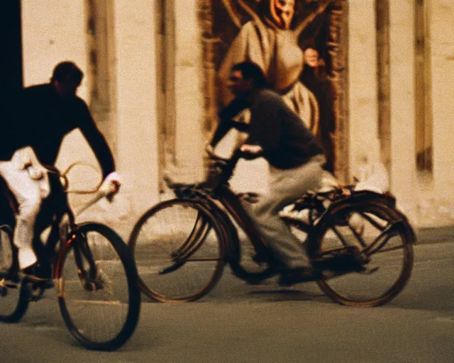 Image similar to a lomographic photo of a priest on bicycle, year 1 9 7 0, cinestill, bokeh, perfect light, high details, symetry, perfect high quality