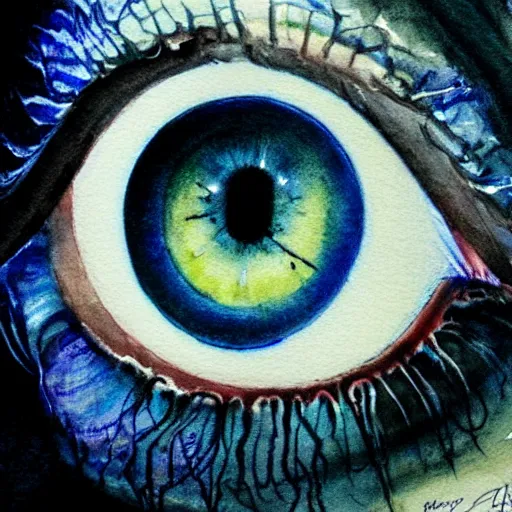 Prompt: close - up of an eye, blue iris, watercolor art, drew struzan illustration art, key art, portrait