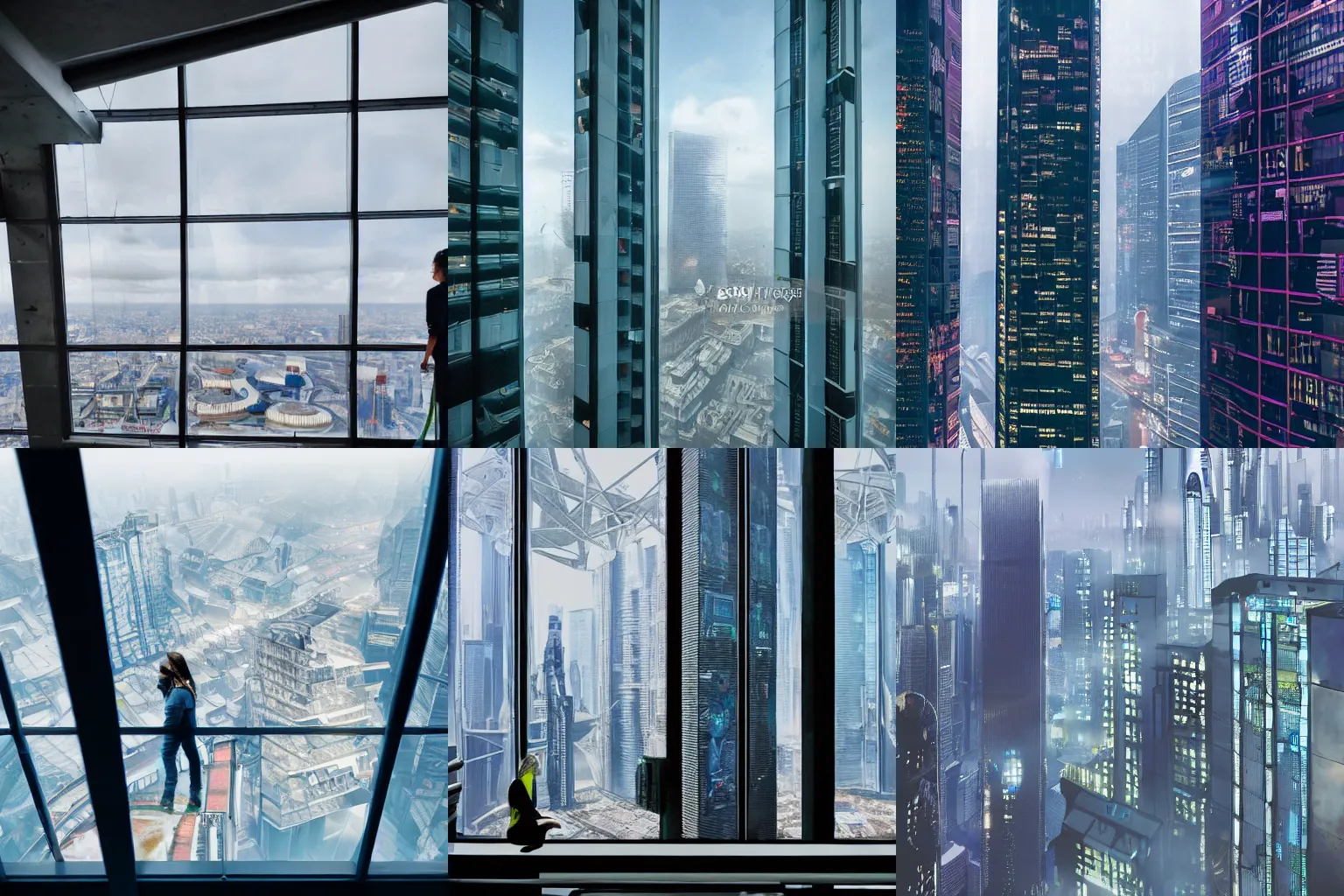 Prompt: looking out of a skyscraper window at the view in a futuristic cyberpunk london