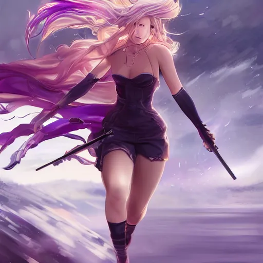 Prompt: An anime portrait of Jennifer Lawrence with long purple hair running through urban battlefield by Stanley Artgerm Lau, WLOP, Rossdraws, James Jean, Andrei Riabovitchev, Marc Simonetti, and Sakimichan, trending on artstation