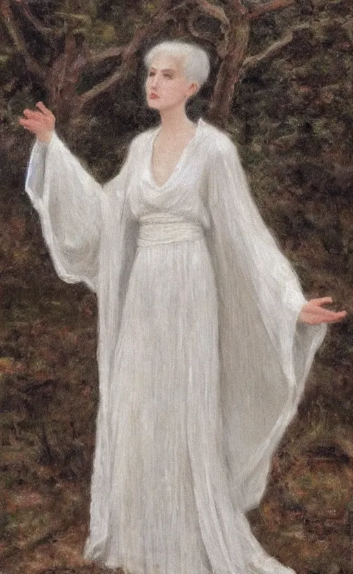 Prompt: say who is this with silver hair so pale and wan! and thin!? female angel, wearing white robes flowing hair, fair body, white dress!! silver hair, covered!!, clothed!! lucien levy - dhurmer, fernand keller, oil on canvas, 1 8 9 6, 4 k resolution, aesthetic, mystery