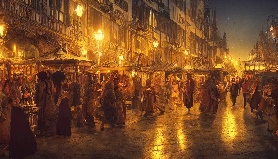 Image similar to medieval city festival near lake at night, beautiful lit lamps, 8 k highly detailed art, intricate, stanley lau, artgerm, artstation, smooth, far shot, wlop, alphonse mucha, cinematic shot, cinematic lighting