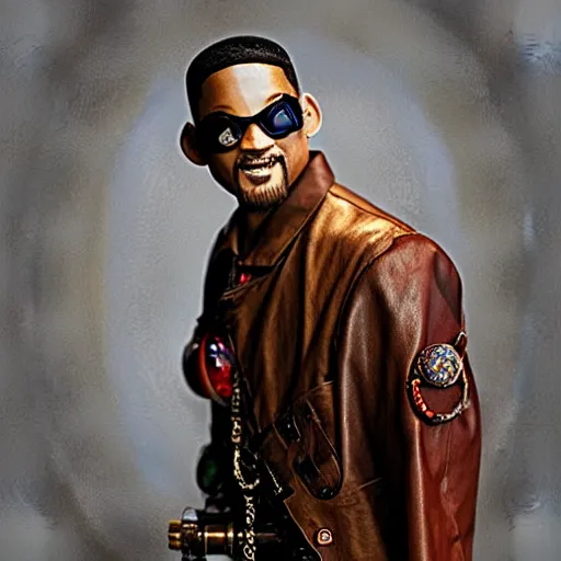 Image similar to will smith wearing big steampunk googles, colored photo by gustave baumann