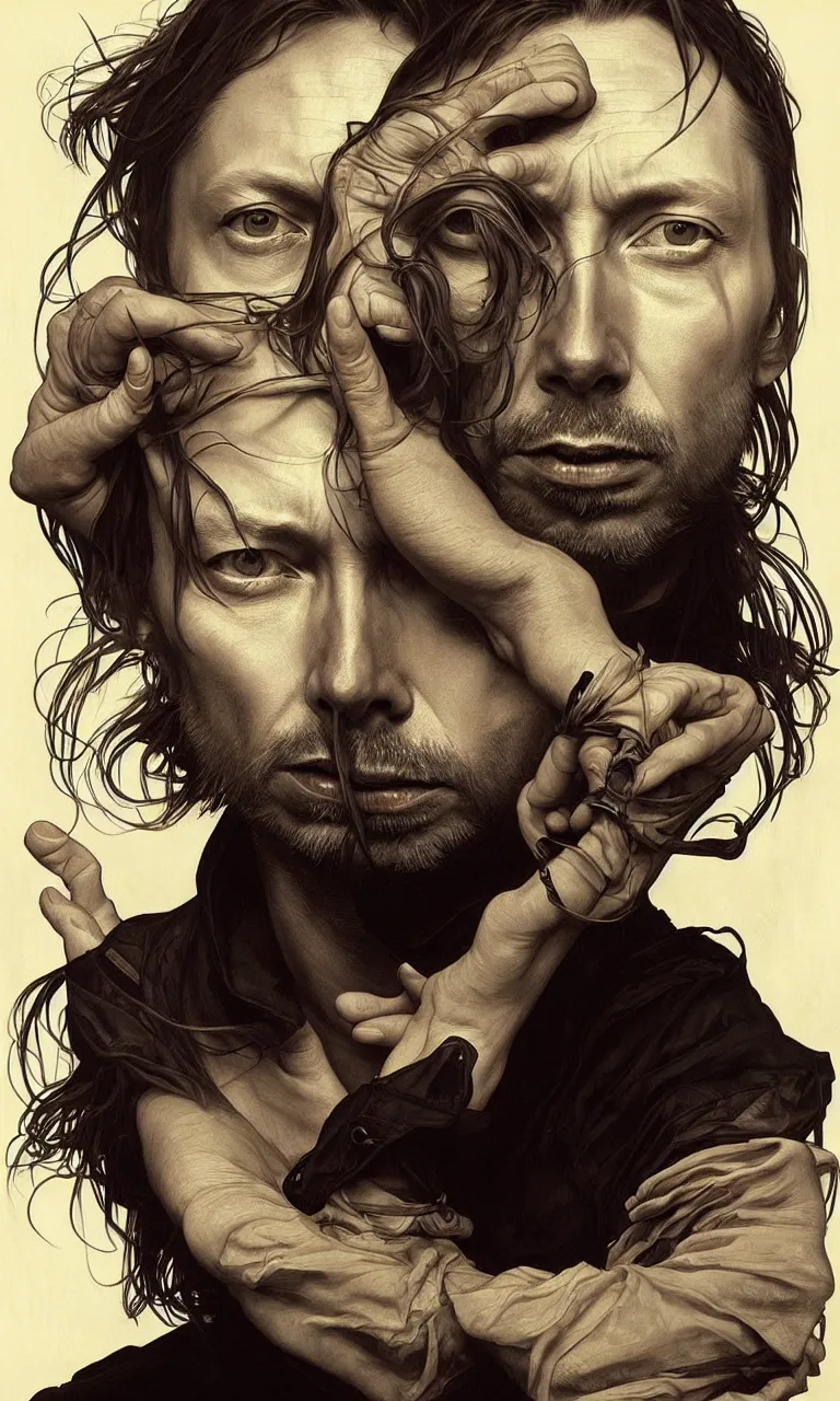 Image similar to hyper realistic portrait of thom yorke singer songwriter by lee bermejo, alphonse mucha and greg rutkowski