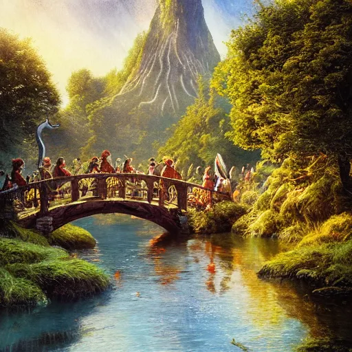 Image similar to the hobbits with gandalf are walking along the bridge to rivendell, the elves warmly welcome them, blue clear sky, vivid color, highly detailed, digital painting, artstation, matte, sharp focus, impressionnisme, art by shishkin and kuindzhi