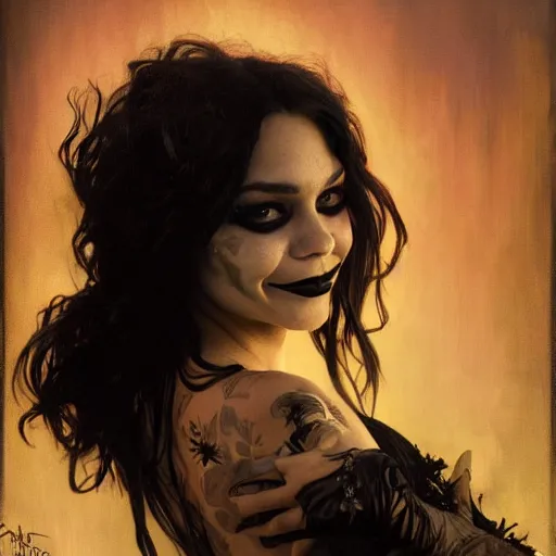 Image similar to beautiful portrait of vanessa hudgens as death from sandman, smiling, by cedric peyravernay, alphonse mucha, by jeremy mann, by lecouffe deharme, goth chic, soft lightning, eyeliner, punk rock, high detailed, 8 k