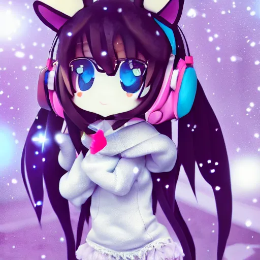 Prompt: cute fumo plush of a popstar wolf girl, anime girl, idol, headphones, tomboy, artstation, bubblegum pop, black and white, snowing, vray