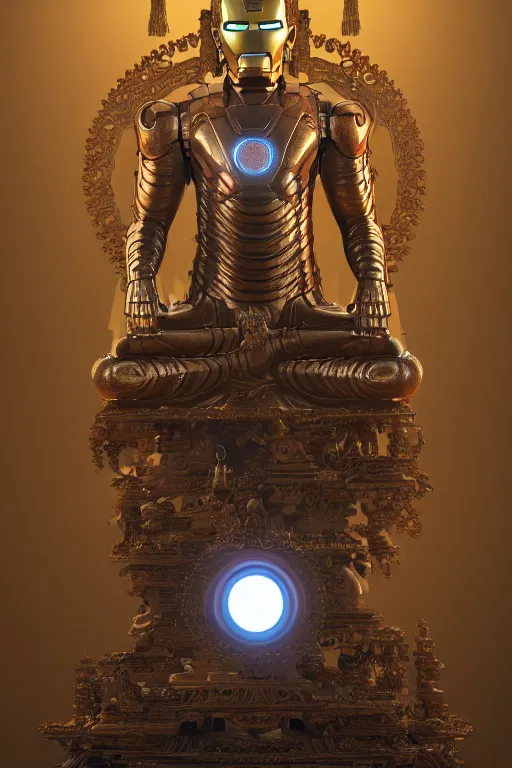 Image similar to digital masterpiece illustration concept art of porcelain statue of buddha gautama as iron man, varasana, extremely detailed and intricate complexity, epic composition, magical atmosphere, cinematic lighting, wide long shot, trending on artstation, 8 k