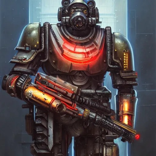 Prompt: warhammer 4 0 k emperor armor realistic cyborg anthropomorphic shiba inu scifi cyberpunk, holding scifi neon laser gatling gun portrait art by donato giancola and greg rutkowski, realistic face, digital art, trending on artstation, symmetry