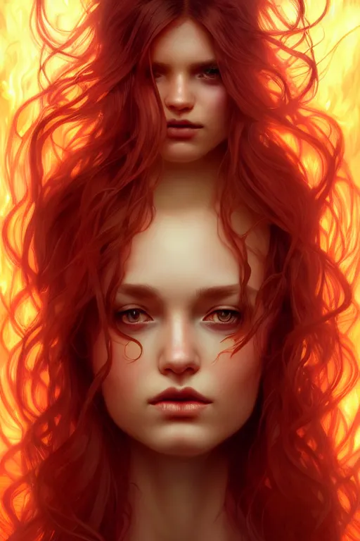 Prompt: a beautiful girl with hair made of fire, fantasy, portrait, sharp focus, intricate, elegant, digital painting, artstation, matte, highly detailed, concept art, illustration, ambient lighting, art by ilya kuvshinov, artgerm, Alphonse mucha, and Greg Rutkowski