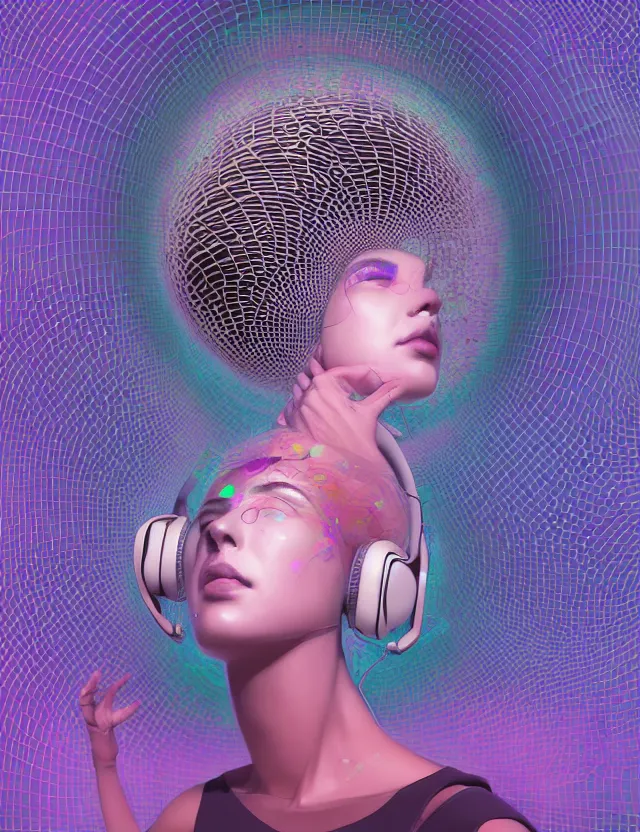 Prompt: 3 d goddess of music and 🔊 wide angle portrait with musical notes, headphones and torus geometry. subwoofer speaker, music, wave frequencies, cymatics. auditory symbiogenesis, synaesthesia, polyphonic communication, sonic projection, artwork by tooth wu and android jones wlop and android jones and beeple and greg rutkowski